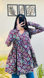 Cotton Wine Flared Floral Print Aliacut Peplum Top