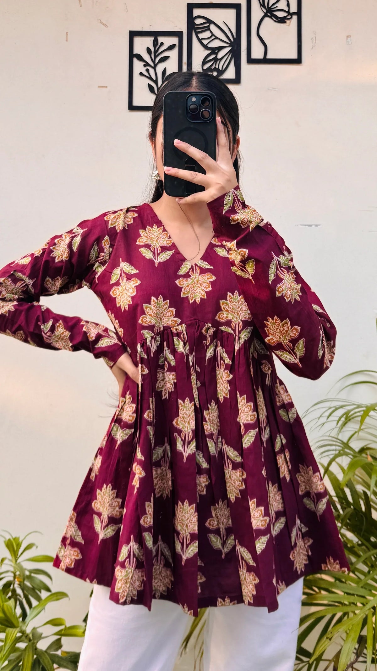 Cotton Maroon Flared Printed Aliacut Peplum Top