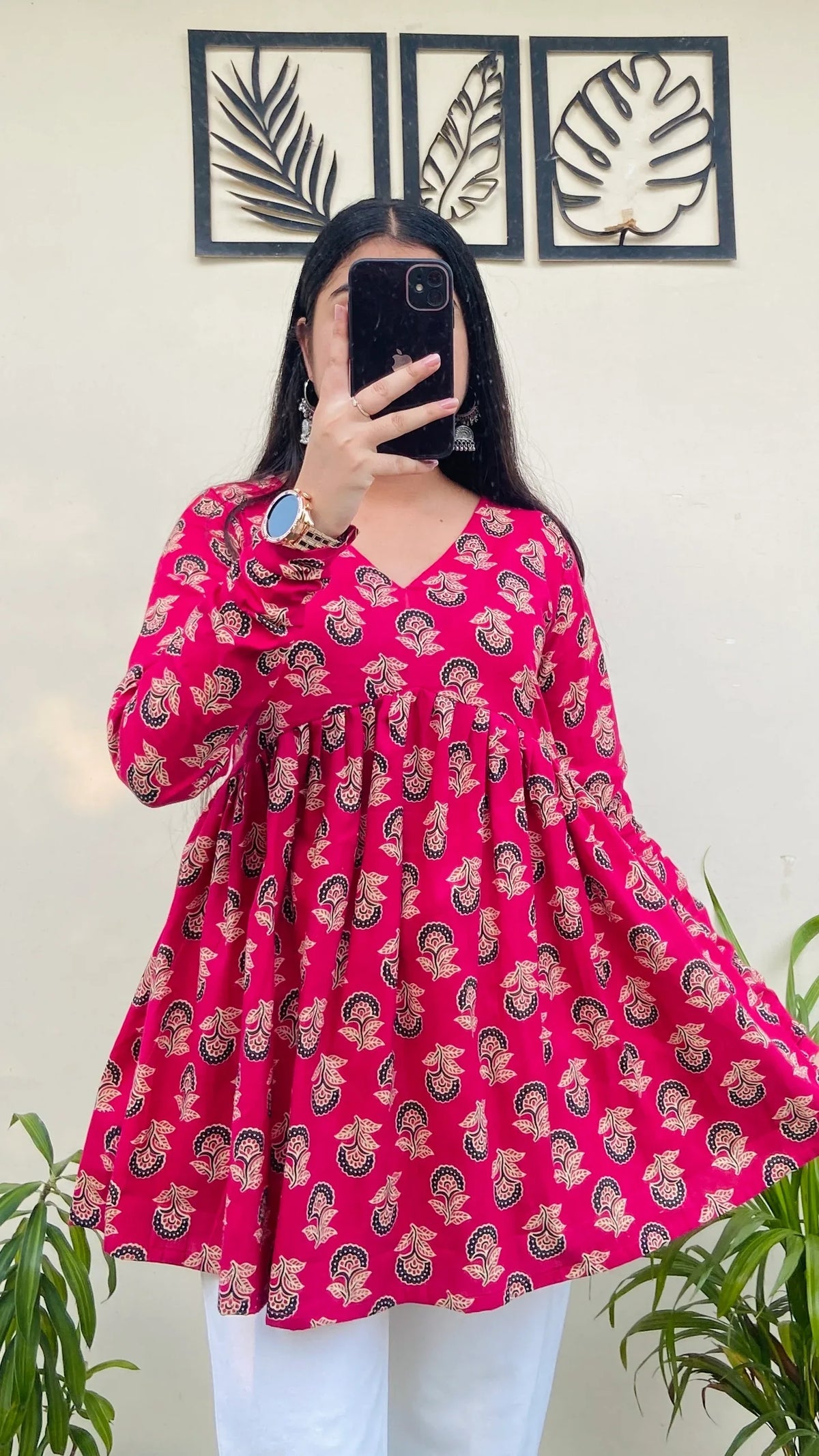 Cotton Flared Hot Pink Aliacut Printed Peplum Top