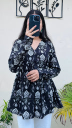 Cotton Black Flared Printed Aliacut Peplum Top