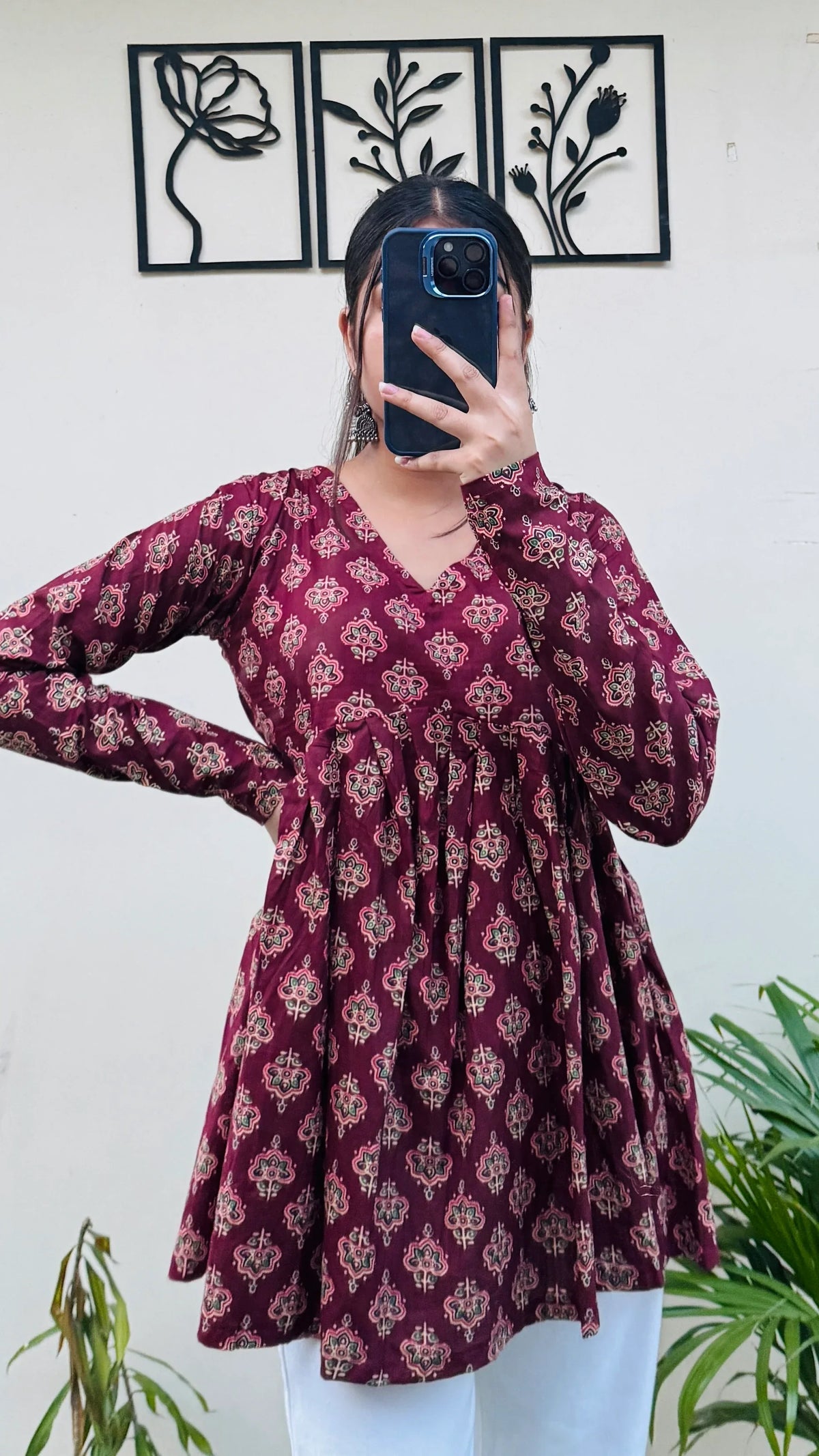 Cotton Flared Maroon Aliacut Ajarakh Print Peplum Top