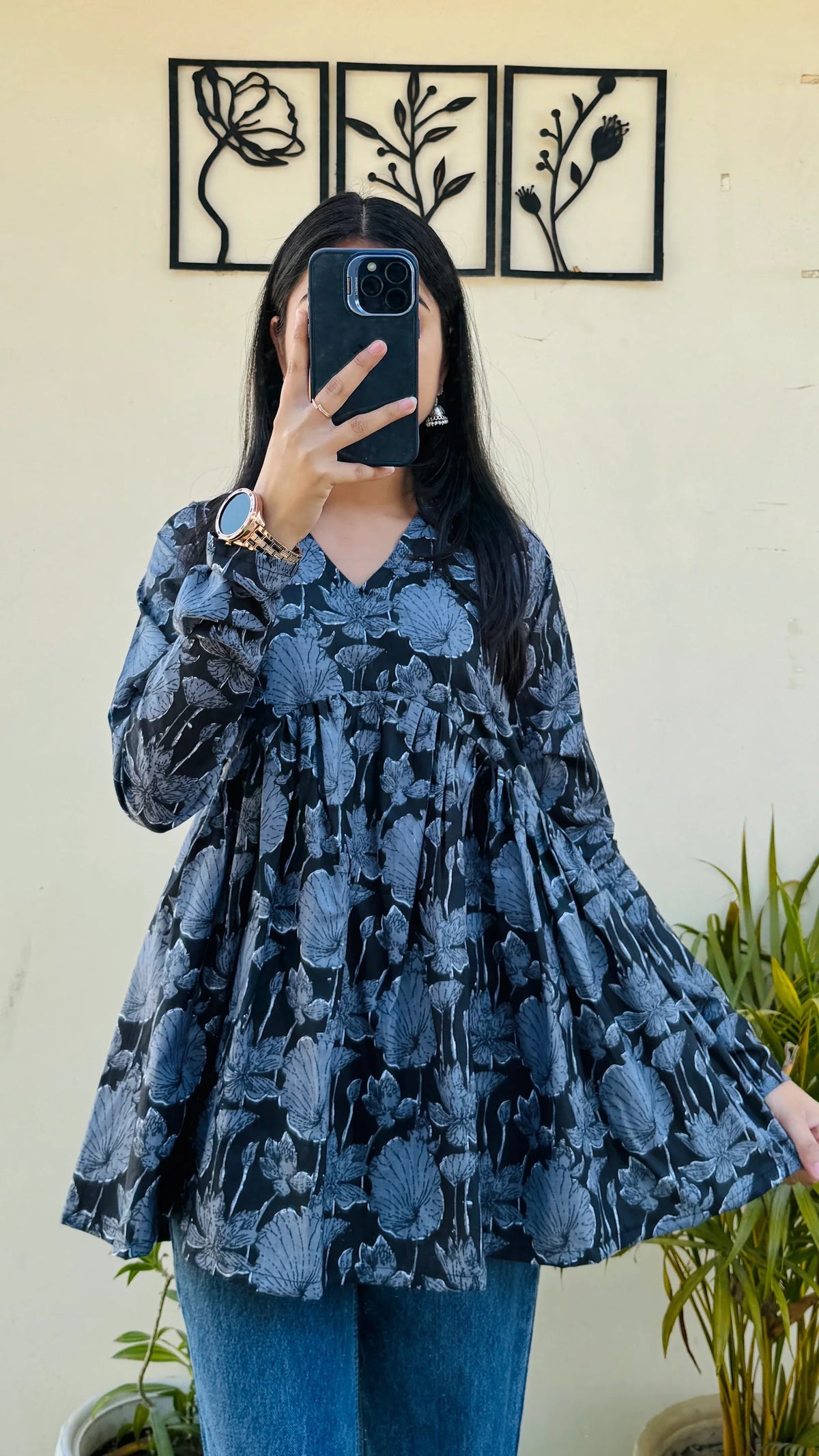 Cotton Black Flared Printed Aliacut Peplum Top