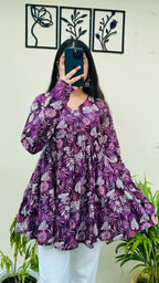 Cotton Wine Flared Floral Print Aliacut Peplum Top