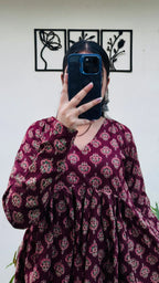 Cotton Flared Maroon Aliacut Ajarakh Print Peplum Top