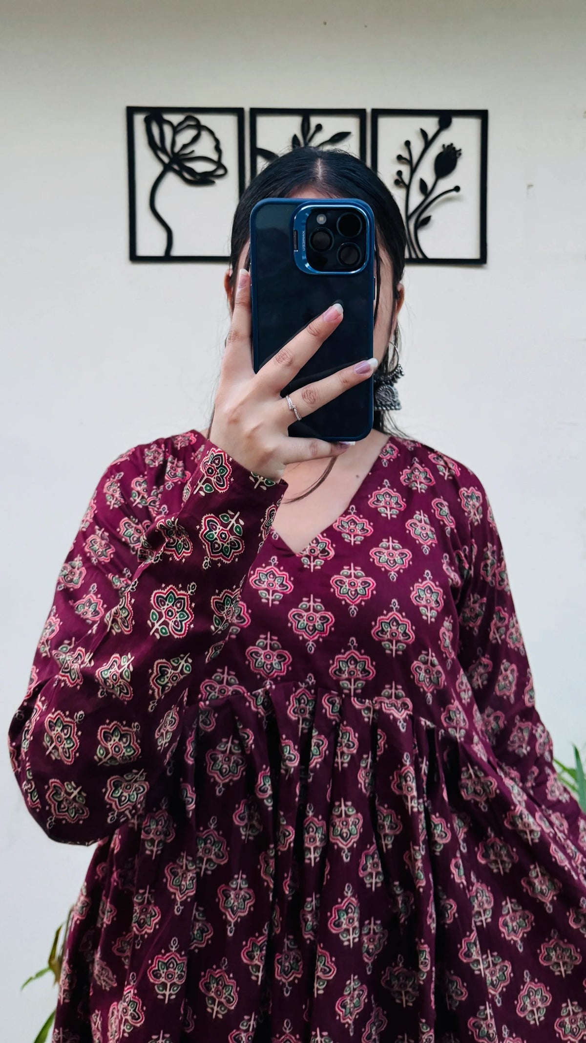 Cotton Flared Maroon Aliacut Ajarakh Print Peplum Top