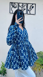 Cotton Blue Flared Printed Aliacut Peplum Top