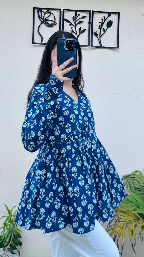 Cotton Blue Flared Printed Aliacut Peplum Top