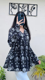Cotton Black Flared Printed Aliacut Peplum Top