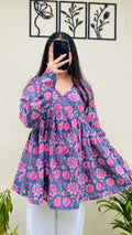 Katha Cotton Blue Katha Flared Floral Print Aliacut Peplum Top