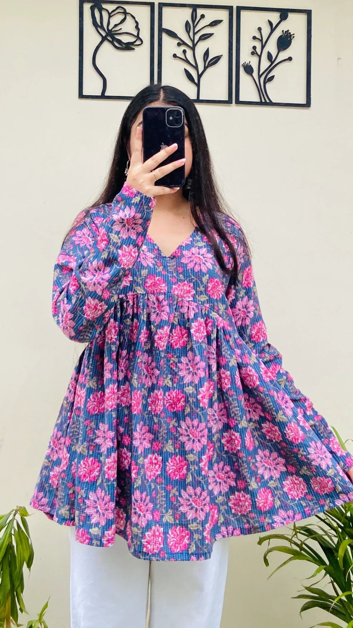 Katha Cotton Blue Katha Flared Floral Print Aliacut Peplum Top