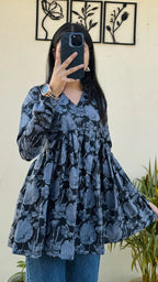 Cotton Black Flared Printed Aliacut Peplum Top