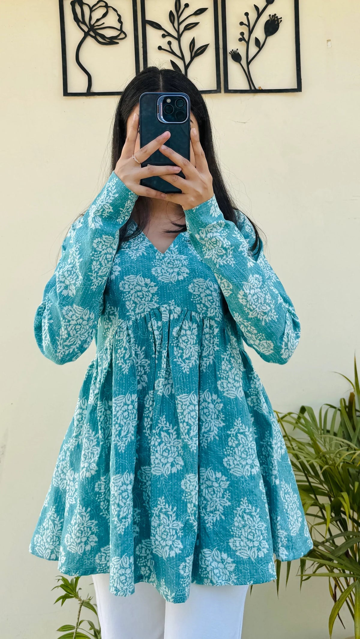 Katha Cotton Blue Flared Floral Print Aliacut Peplum Top