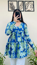 Cotton Flared Blue Printed Aliacut Peplum Top