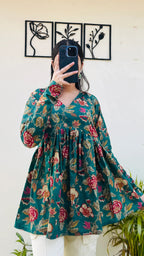 Cotton Flared Bottle Green Aliacut Floral Print Peplum Top