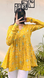 Cotton Yellow Flared Printed Aliacut Peplum Top