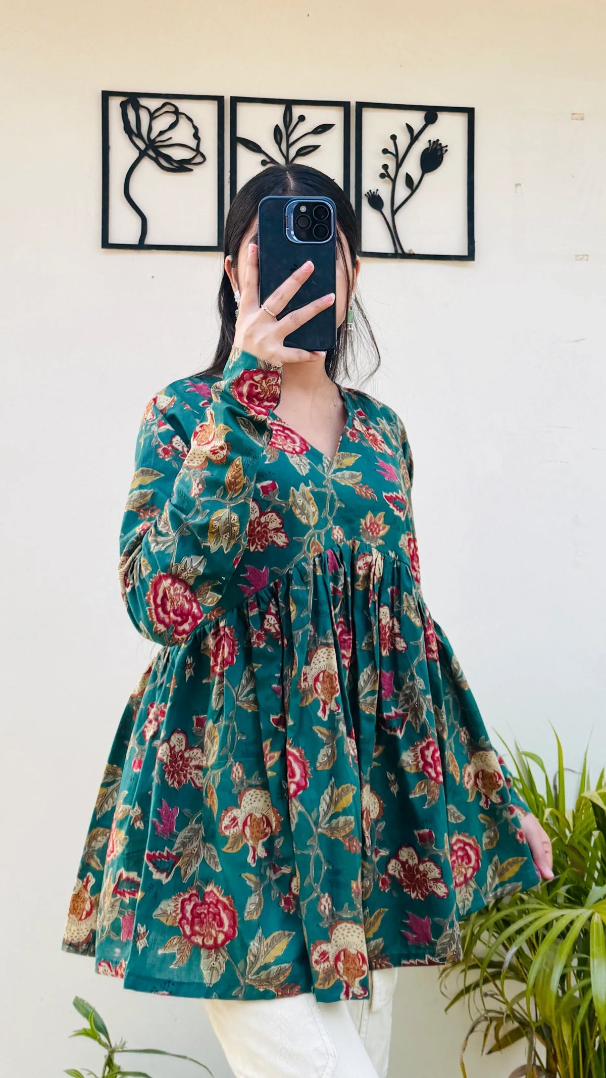 Cotton Flared Bottle Green Aliacut Floral Print Peplum Top