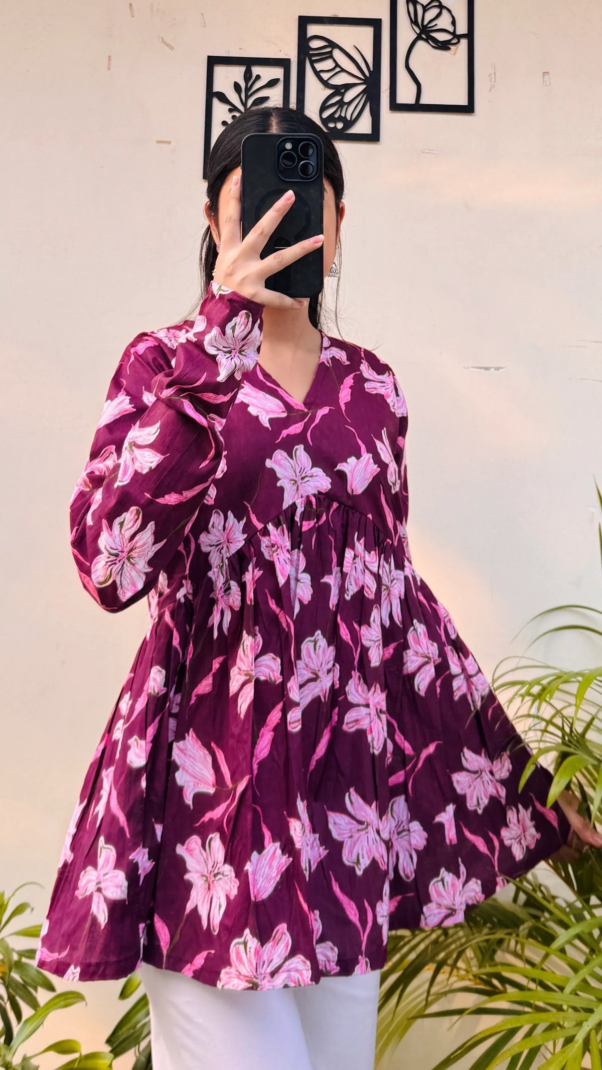 Cotton Wine Flared Printed Aliacut Peplum Top