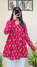 Cotton Flared Hot Pink Aliacut Printed Peplum Top