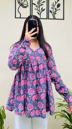 Katha Cotton Blue Katha Flared Floral Print Aliacut Peplum Top