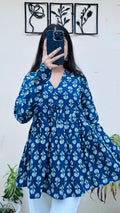 Cotton Blue Flared Printed Aliacut Peplum Top