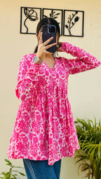 Cotton Katha Pink Printed Flared Peplum Top