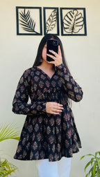Cotton Black Flared Floral Print Aliacut Peplum Top