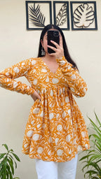 Cotton Yellow Flared Aliacut Floral Print Peplum Top