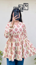 Cotton Cream Flared Printed Aliacut Peplum Top