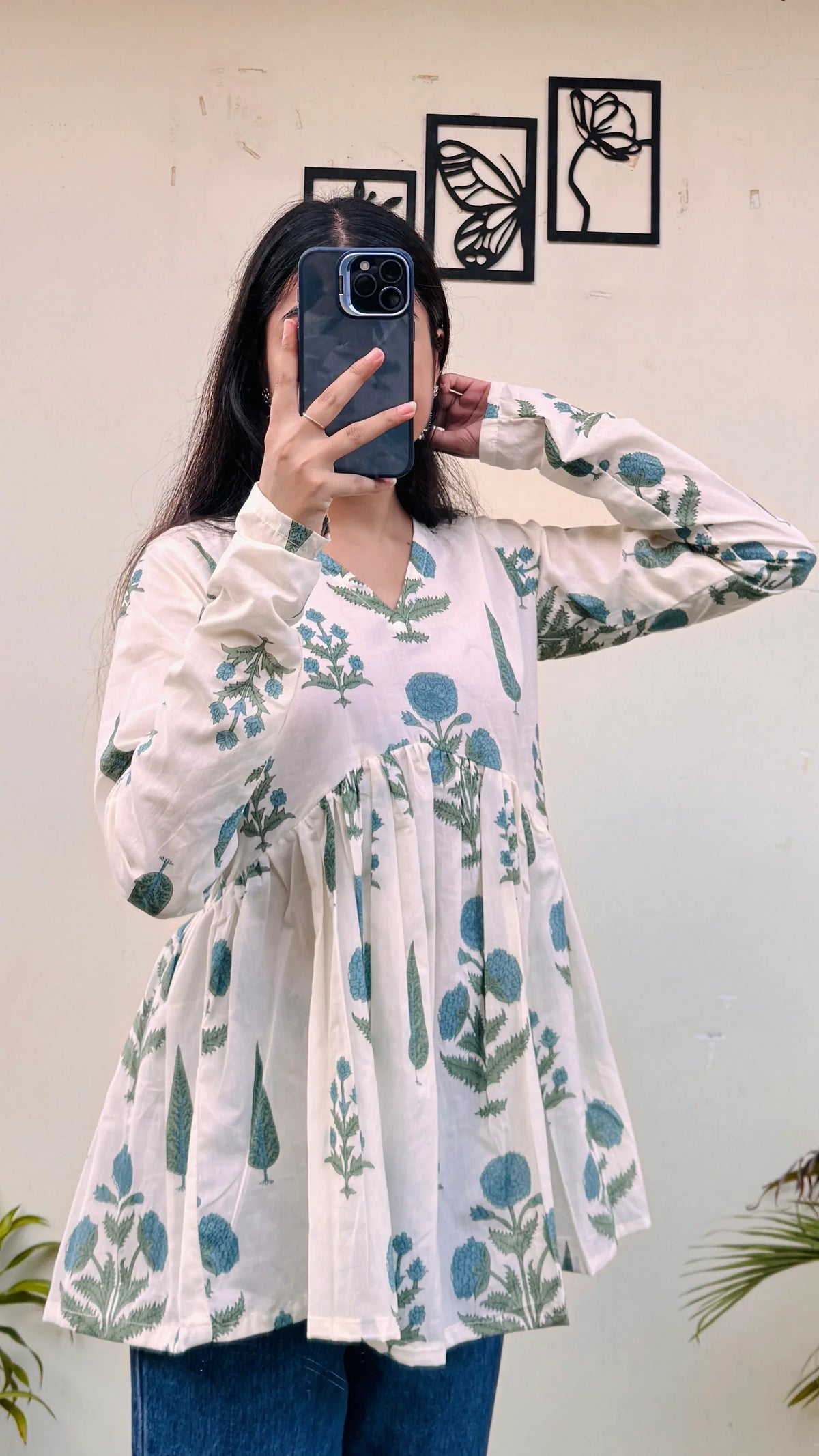 Cotton White Flared Printed Aliacut Peplum Top