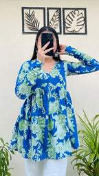 Cotton Flared Blue Printed Aliacut Peplum Top