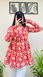 Cotton Flared Red Aliacut Printed Peplum Top