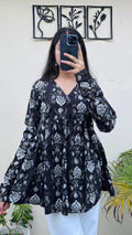 Cotton Black Flared Printed Aliacut Peplum Top