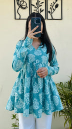 Katha Cotton Blue Flared Floral Print Aliacut Peplum Top