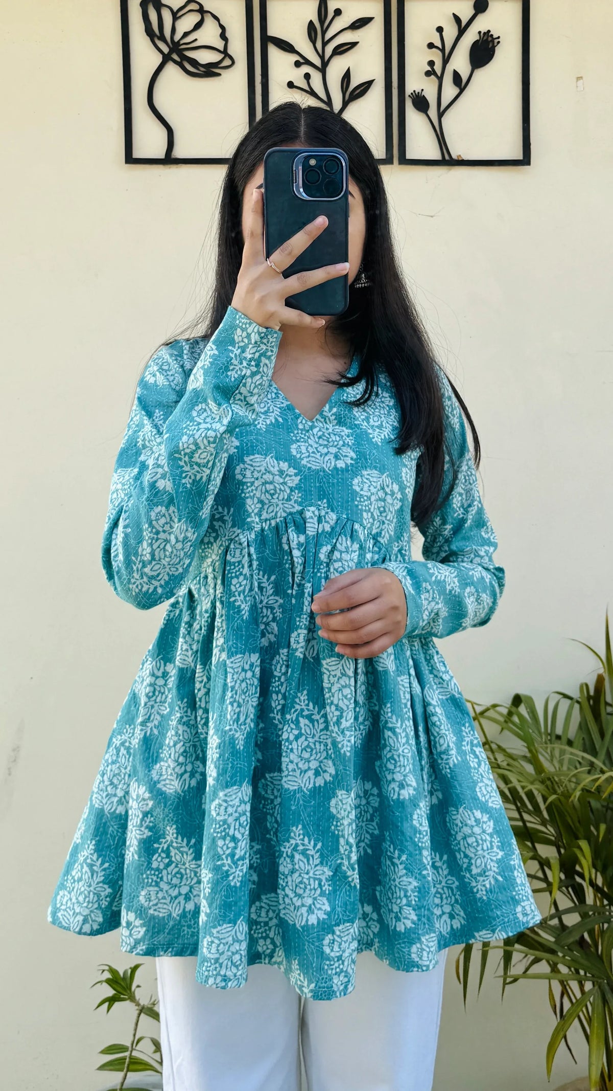 Katha Cotton Blue Flared Floral Print Aliacut Peplum Top