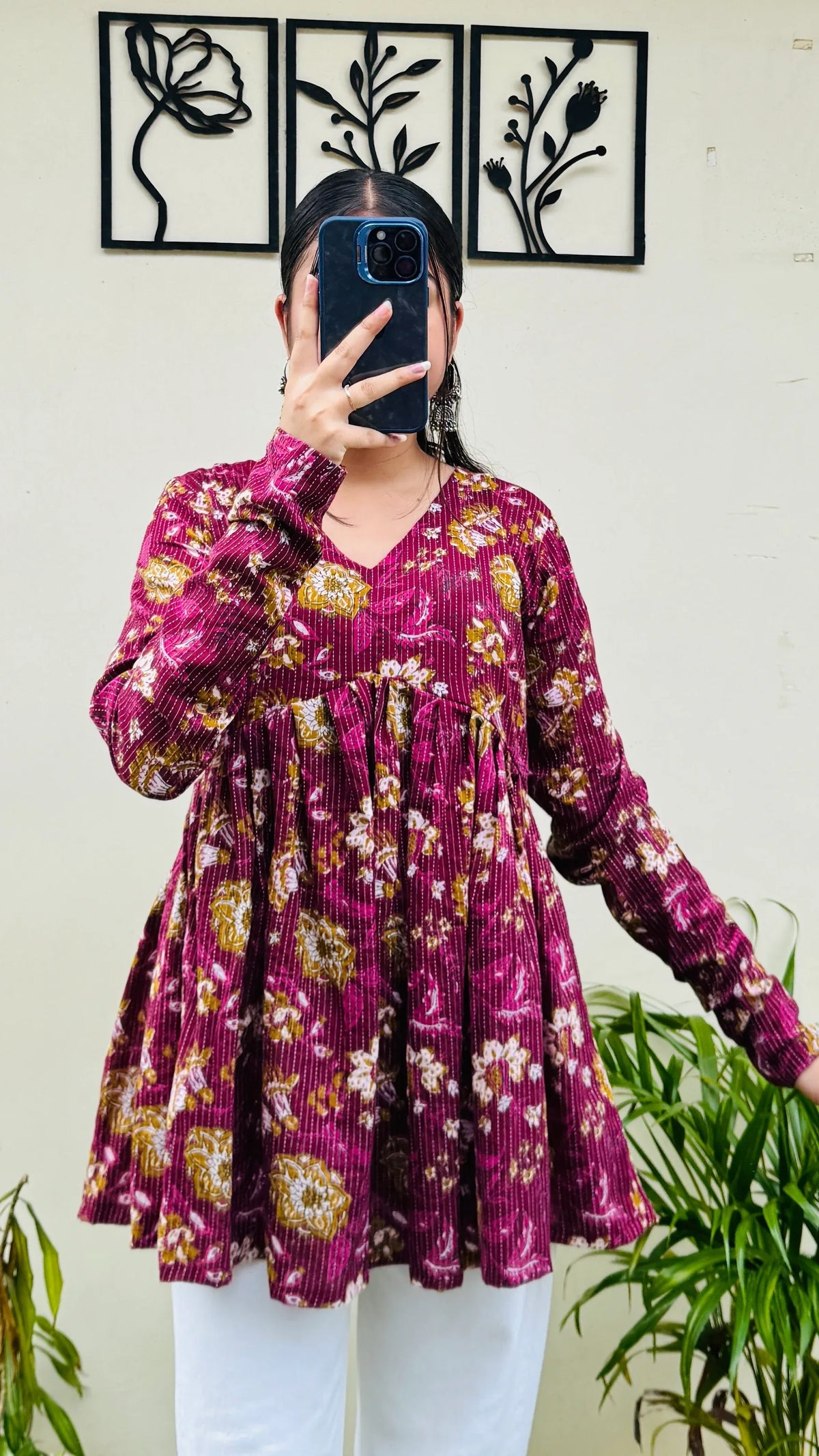 Cotton Katha Flared Wine Aliacut Floral Print Peplum Top