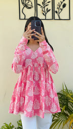 Cotton Katha Peach Printed Aliacut Peplum Top