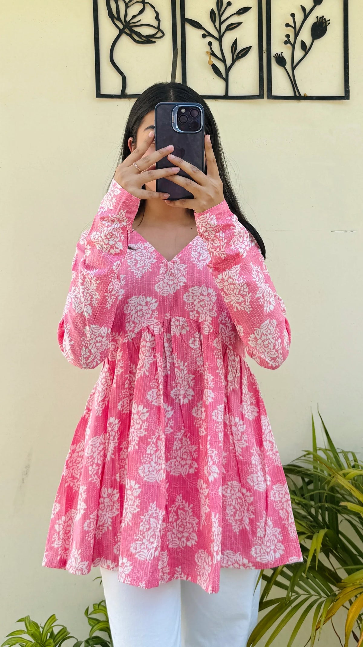 Cotton Katha Peach Printed Aliacut Peplum Top