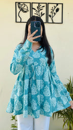 Katha Cotton Blue Flared Floral Print Aliacut Peplum Top