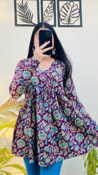 Cotton Wine Flared Floral Print Aliacut Peplum Top