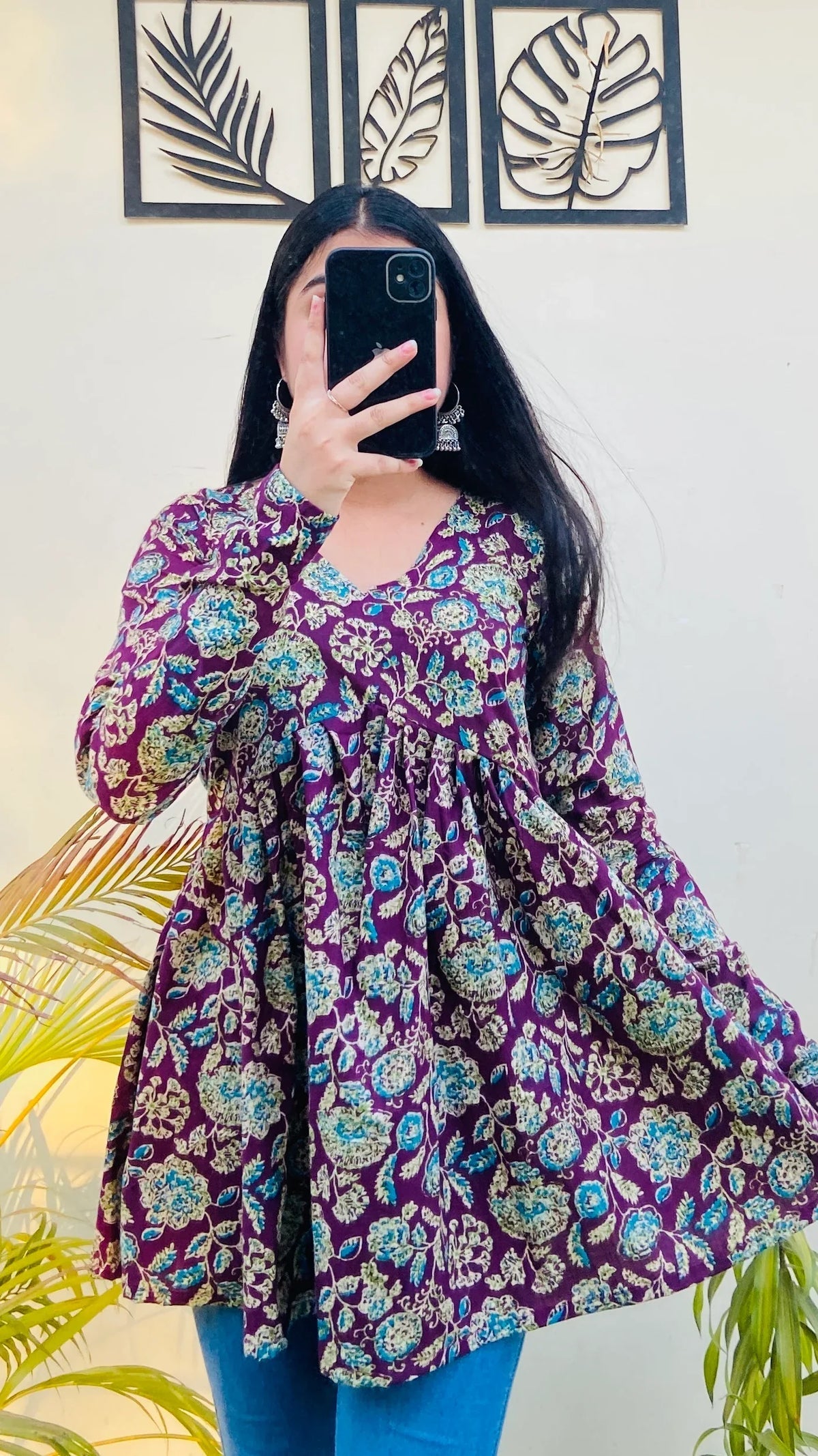 Cotton Wine Flared Floral Print Aliacut Peplum Top