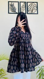 Cotton Black Flared Floral Print Aliacut Peplum Top