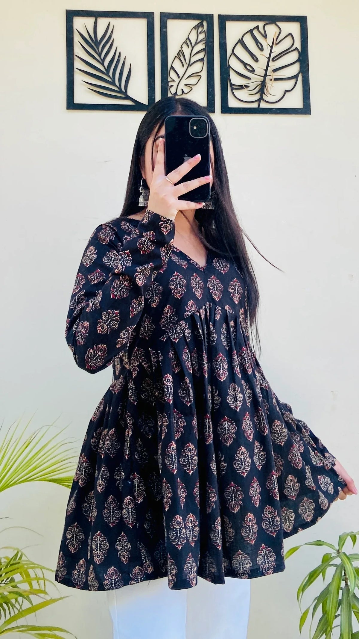 Cotton Black Flared Floral Print Aliacut Peplum Top