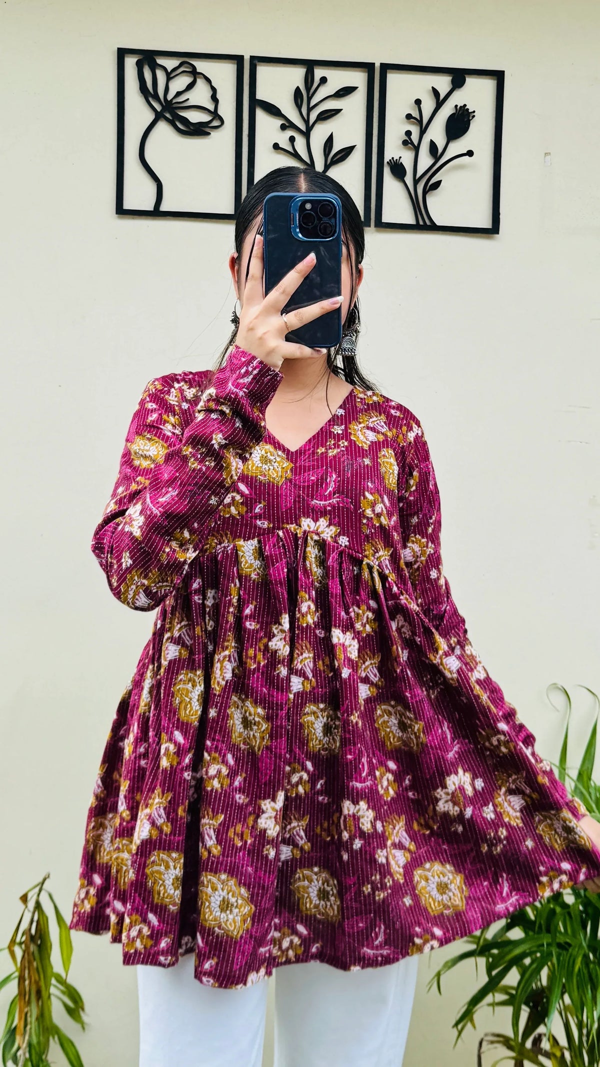 Cotton Katha Flared Wine Aliacut Floral Print Peplum Top
