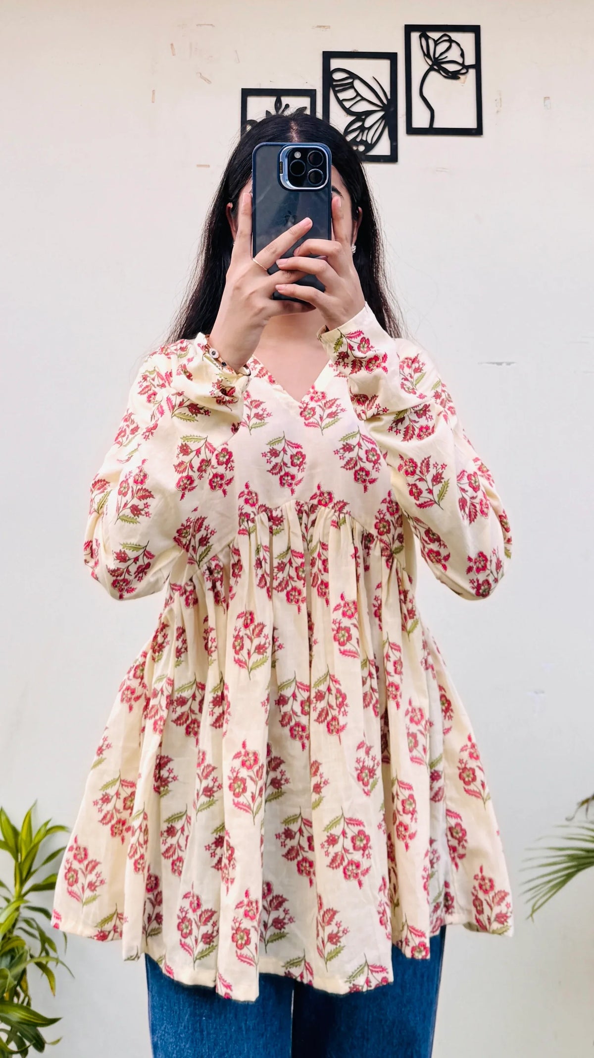 Cotton Cream Flared Printed Aliacut Peplum Top