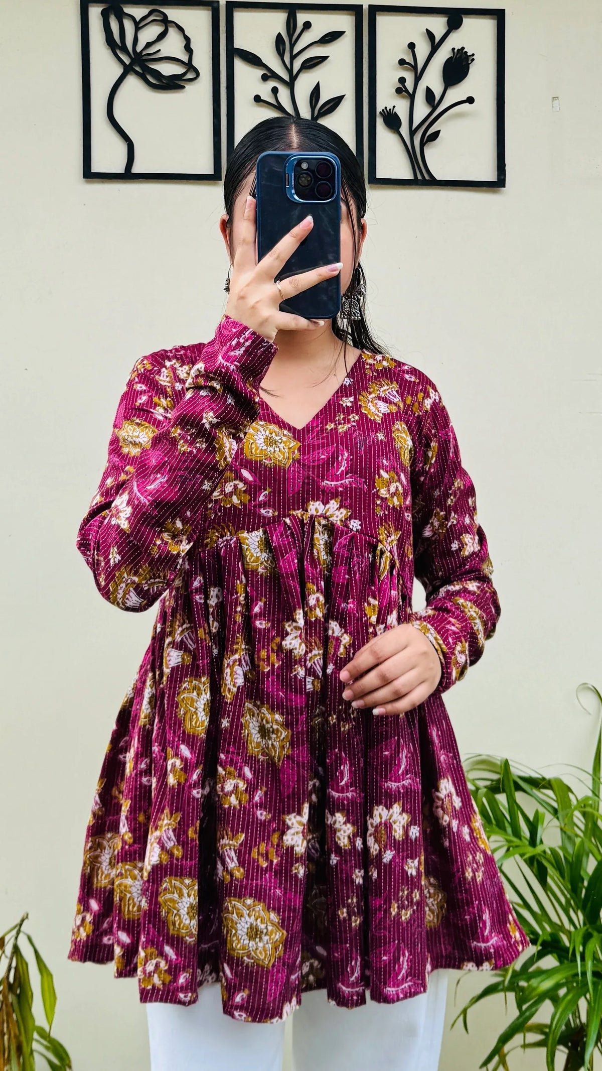 Cotton Katha Flared Wine Aliacut Floral Print Peplum Top