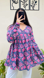 Katha Cotton Blue Katha Flared Floral Print Aliacut Peplum Top