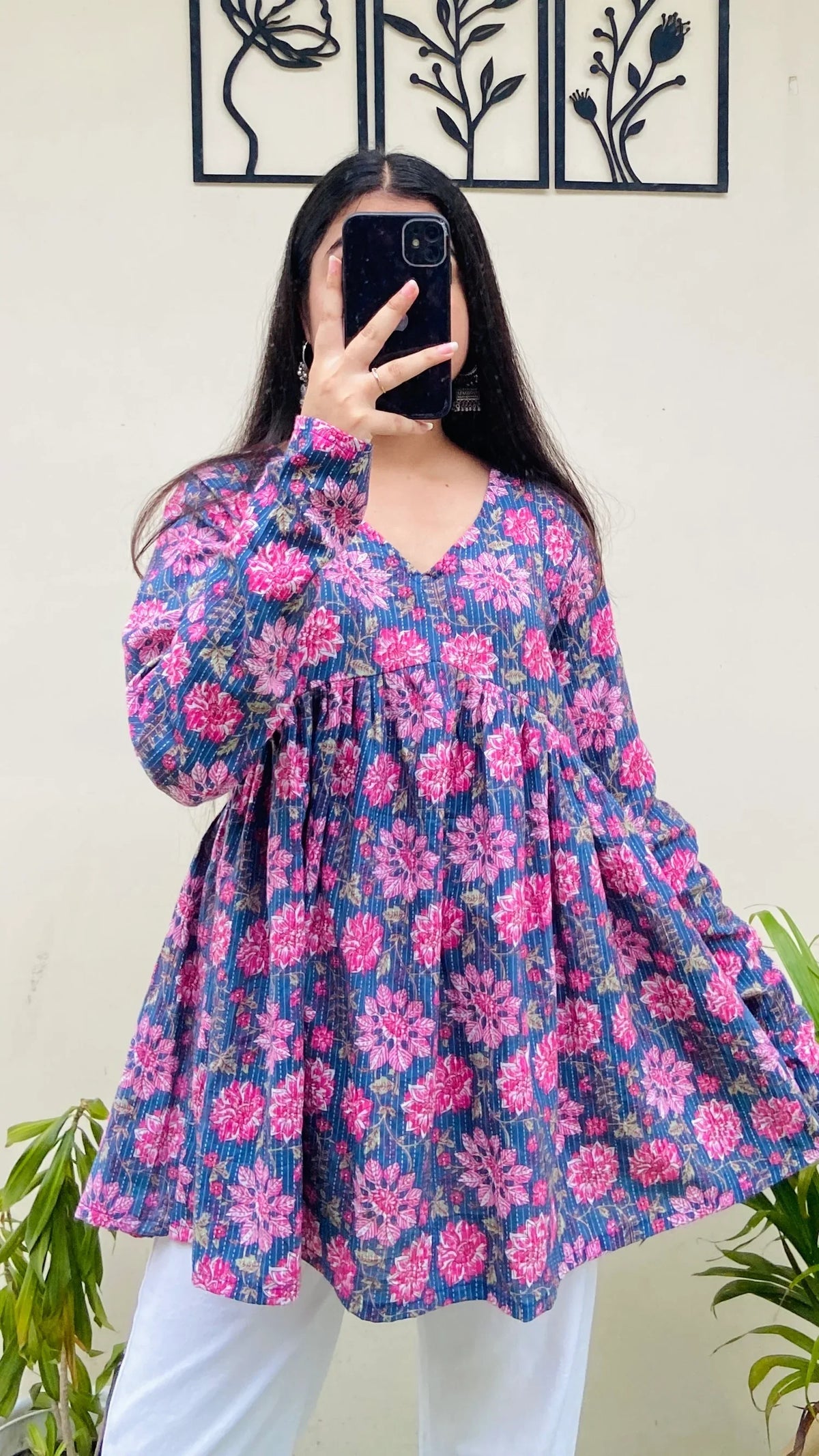 Katha Cotton Blue Katha Flared Floral Print Aliacut Peplum Top