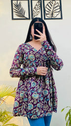 Cotton Wine Flared Floral Print Aliacut Peplum Top