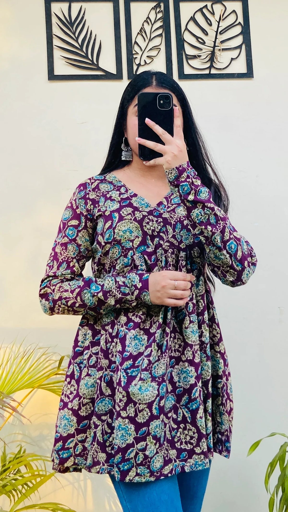 Cotton Wine Flared Floral Print Aliacut Peplum Top