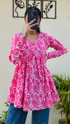 Cotton Katha Pink Printed Flared Peplum Top